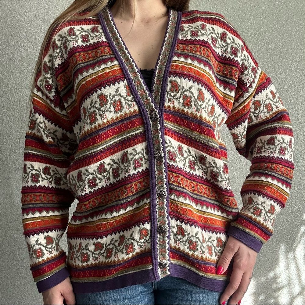 Vtg Colorful Floral Striped Knit Cardigan Sweater Button Up VNeck Oversize Small - Picture 8 of 8